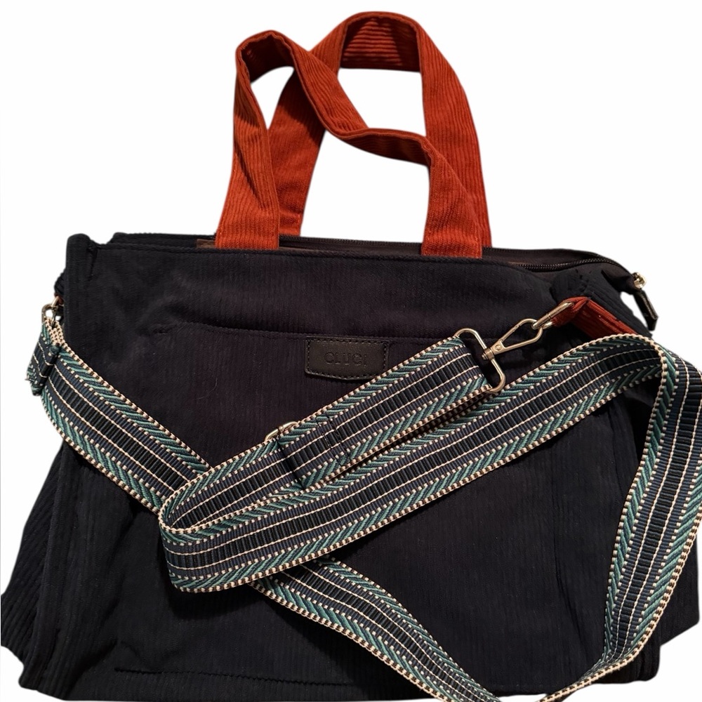 Cluci Blue Corduroy Tote Bag w Rust Handles & Adjustable‎ Strap